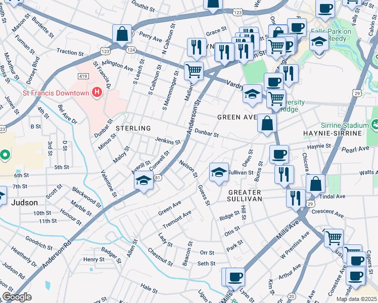map of restaurants, bars, coffee shops, grocery stores, and more near 614 Green Avenue in Greenville