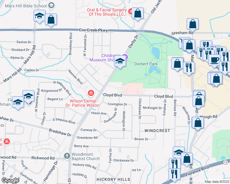 map of restaurants, bars, coffee shops, grocery stores, and more near 2021 Cloyd Boulevard in Florence