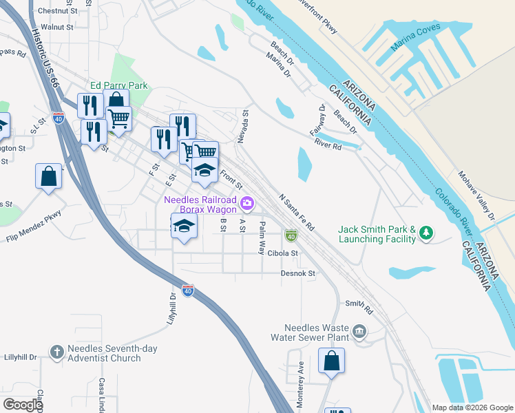 map of restaurants, bars, coffee shops, grocery stores, and more near 15 Front Street in Needles