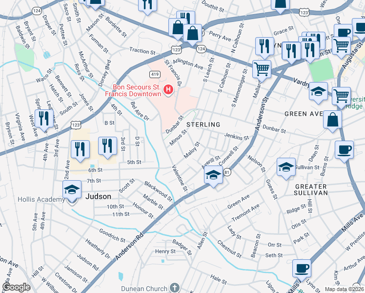 map of restaurants, bars, coffee shops, grocery stores, and more near 110 Middleton Street in Greenville