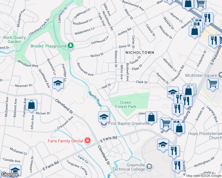 map of restaurants, bars, coffee shops, grocery stores, and more near 1 Alameda Street in Greenville