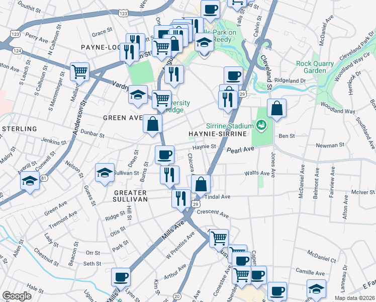 map of restaurants, bars, coffee shops, grocery stores, and more near 17 McHan Street in Greenville