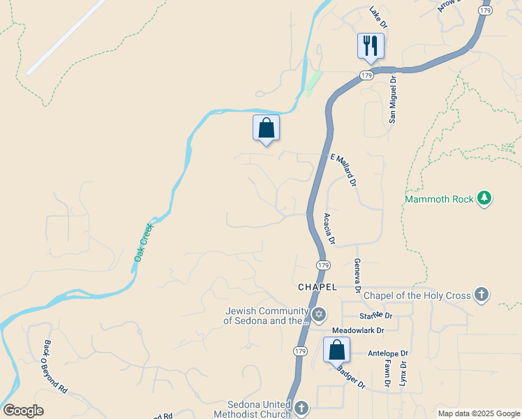 map of restaurants, bars, coffee shops, grocery stores, and more near 80 Castle Rock Trail in Sedona