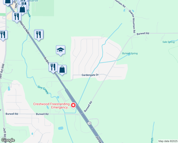 map of restaurants, bars, coffee shops, grocery stores, and more near 114 BrookLawn Drive in Harvest