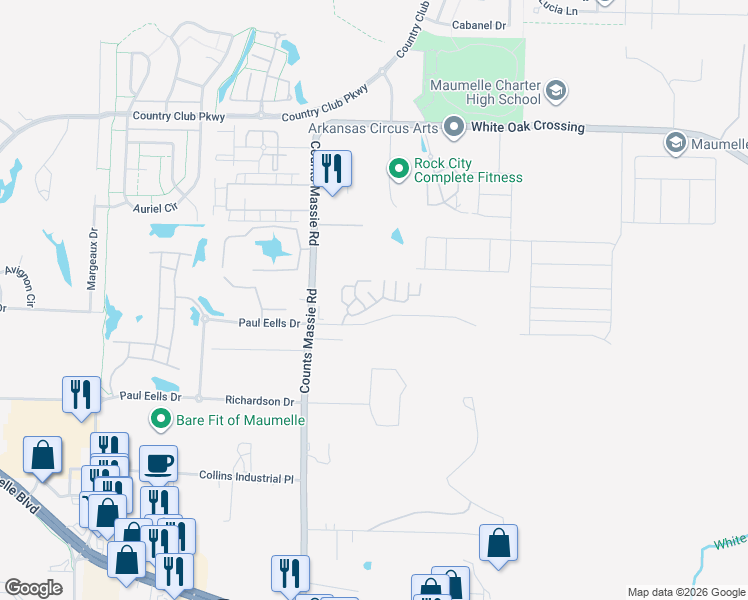 map of restaurants, bars, coffee shops, grocery stores, and more near 10801 Paul Eells Drive in Maumelle