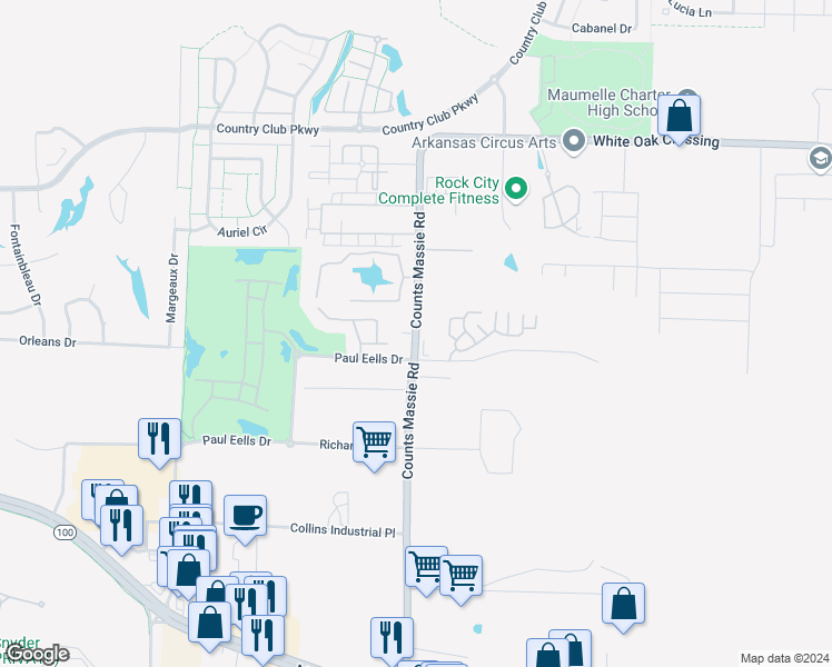 map of restaurants, bars, coffee shops, grocery stores, and more near 8315 Counts Massie Road in North Little Rock