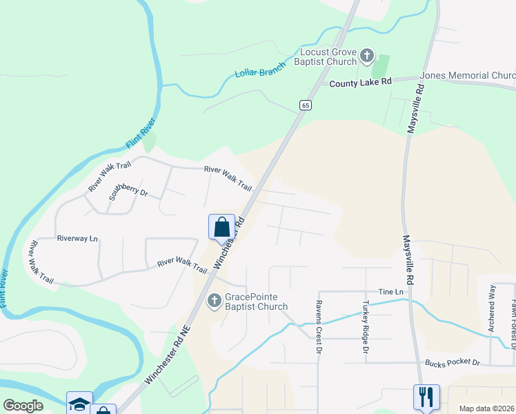 map of restaurants, bars, coffee shops, grocery stores, and more near 105 Dogwood Ridge Drive in New Market