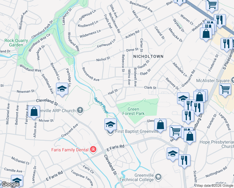 map of restaurants, bars, coffee shops, grocery stores, and more near 16 Miller Street in Greenville