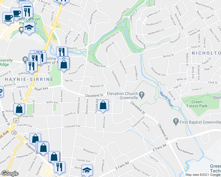 map of restaurants, bars, coffee shops, grocery stores, and more near 38 Southland Avenue in Greenville