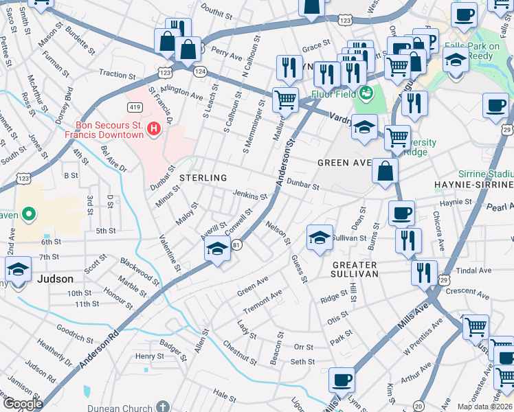 map of restaurants, bars, coffee shops, grocery stores, and more near 400 Jenkins Street in Greenville