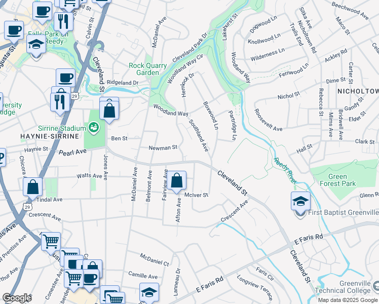 map of restaurants, bars, coffee shops, grocery stores, and more near 38 Southland Avenue in Greenville