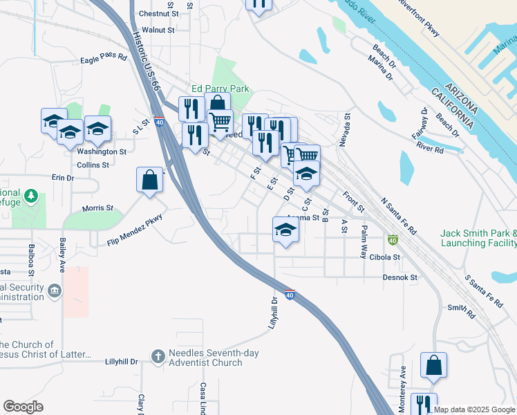 map of restaurants, bars, coffee shops, grocery stores, and more near E Street in Needles