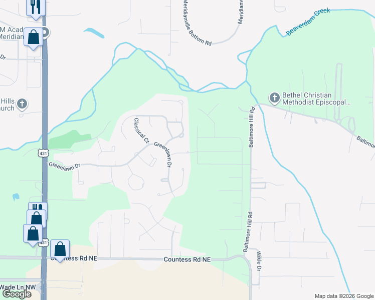 map of restaurants, bars, coffee shops, grocery stores, and more near 109 Villa Drive in Meridianville