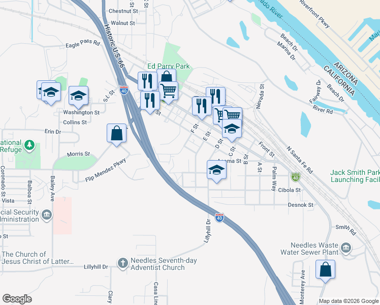 map of restaurants, bars, coffee shops, grocery stores, and more near 807 4th Street in Needles