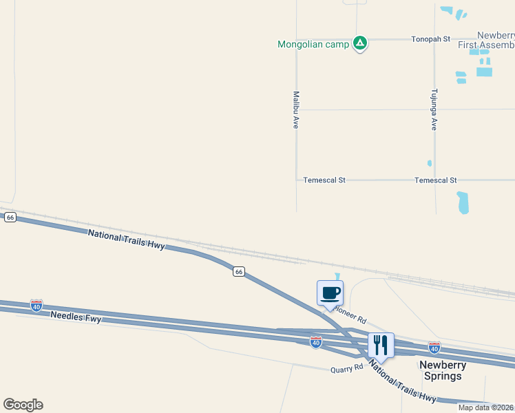 map of restaurants, bars, coffee shops, grocery stores, and more near 32101-32199 Malibu Avenue in Newberry Springs