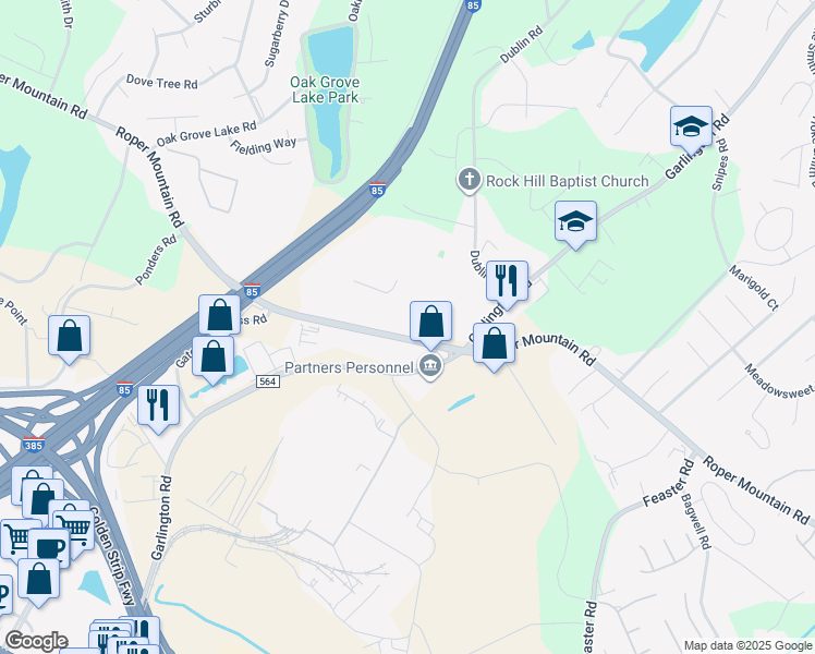 map of restaurants, bars, coffee shops, grocery stores, and more near 1421 Roper Mountain Road in Greenville