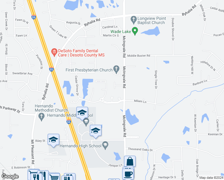 map of restaurants, bars, coffee shops, grocery stores, and more near 1579 Saddlebrook West in Hernando