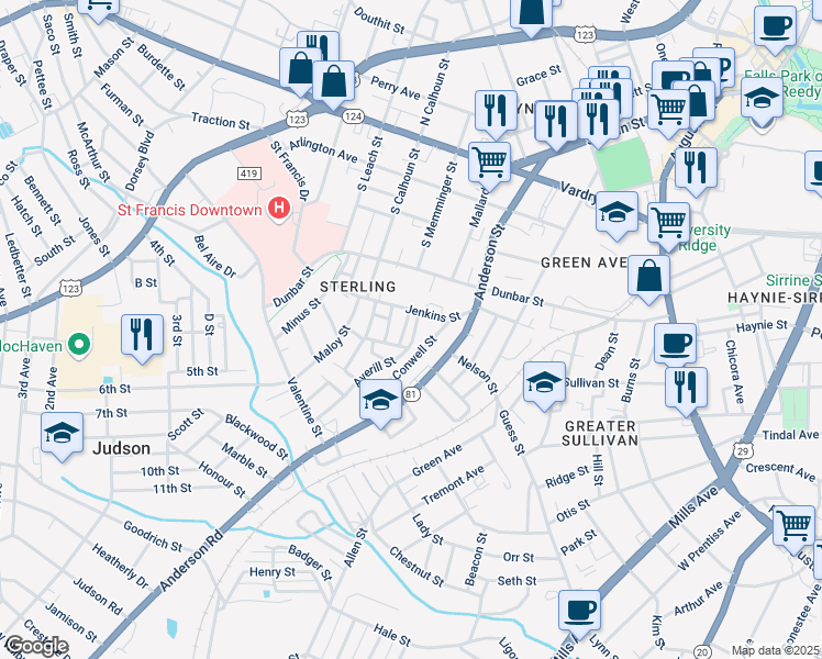 map of restaurants, bars, coffee shops, grocery stores, and more near 2 Averill Street in Greenville