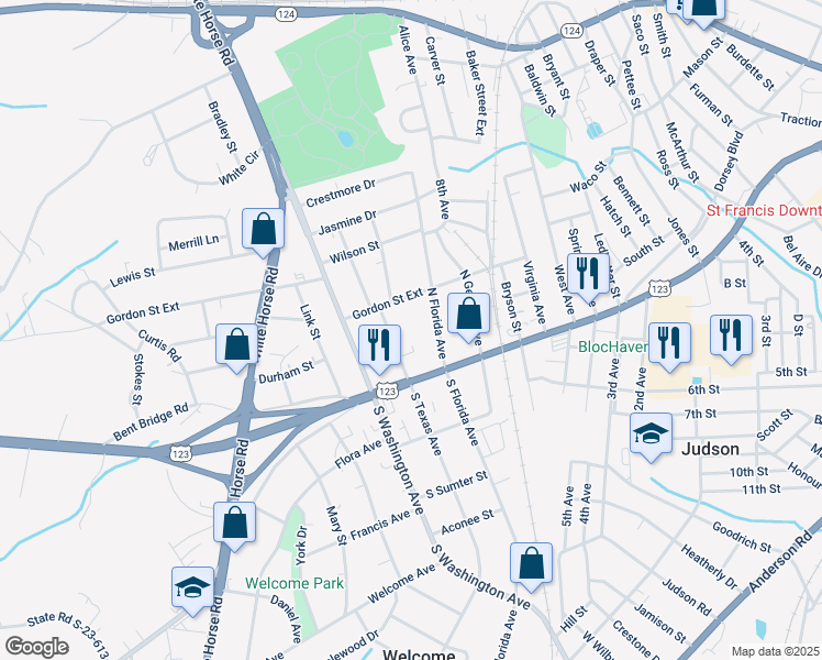 map of restaurants, bars, coffee shops, grocery stores, and more near 401 Gordon Street Extension in Greenville