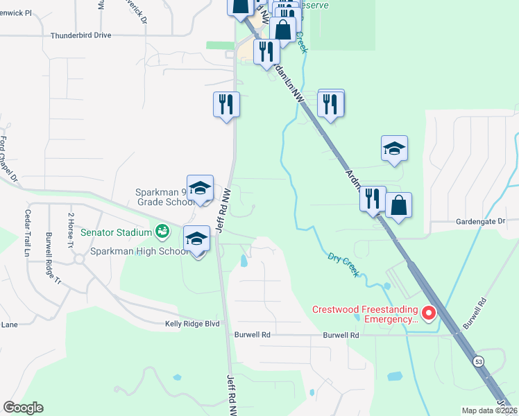 map of restaurants, bars, coffee shops, grocery stores, and more near 2699 Jeff Road Northwest in Harvest
