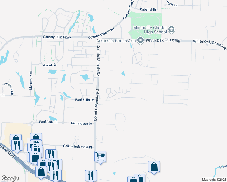 map of restaurants, bars, coffee shops, grocery stores, and more near 10739 Paul Eells Drive in North Little Rock