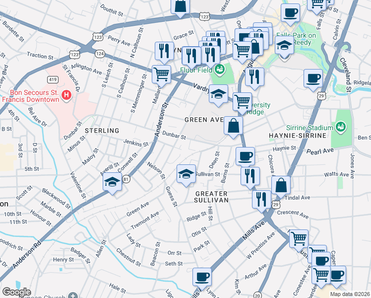 map of restaurants, bars, coffee shops, grocery stores, and more near 10 Jenkins Street in Greenville