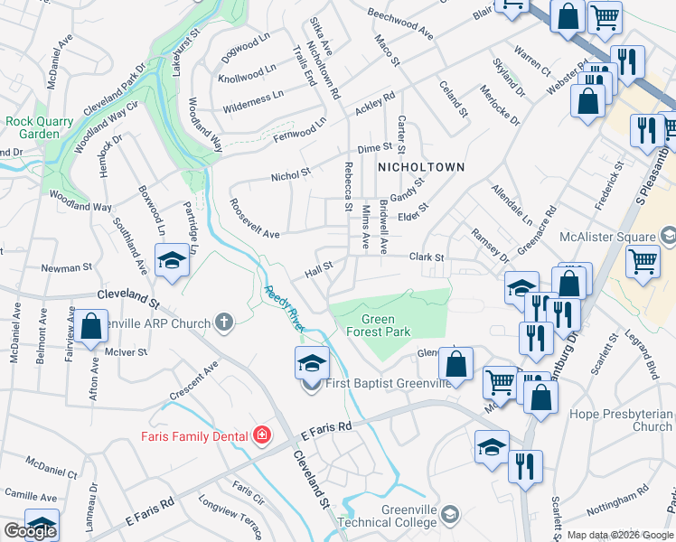 map of restaurants, bars, coffee shops, grocery stores, and more near 1 Alameda Street in Greenville