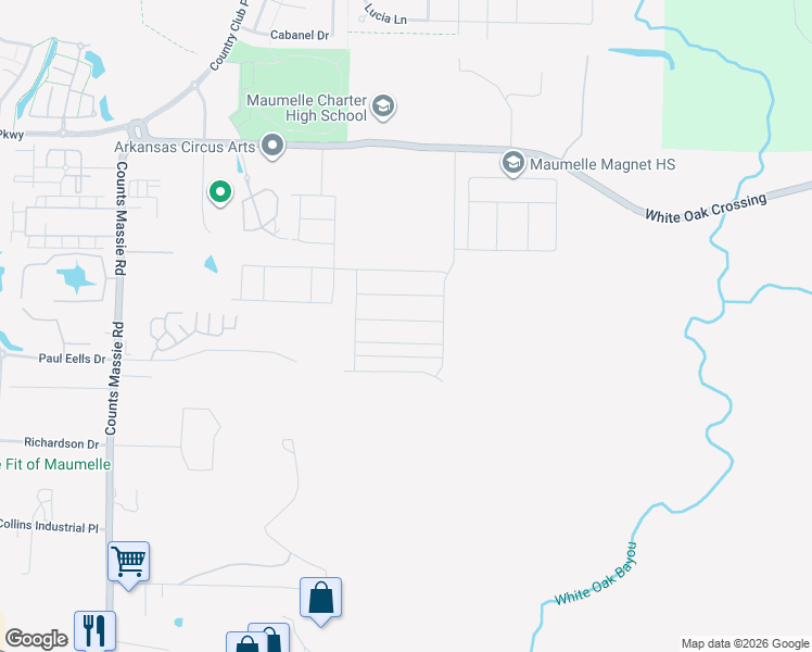 map of restaurants, bars, coffee shops, grocery stores, and more near Fitzgerald Lane in North Little Rock
