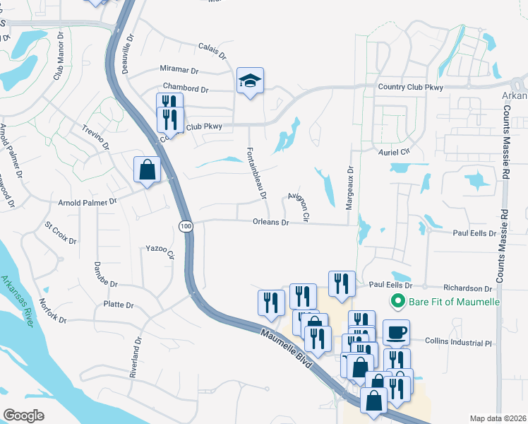 map of restaurants, bars, coffee shops, grocery stores, and more near 128 Fontainbleau Drive in Maumelle