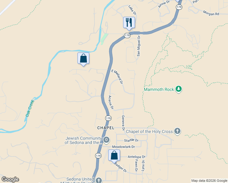 map of restaurants, bars, coffee shops, grocery stores, and more near 308 Acacia Drive in Sedona