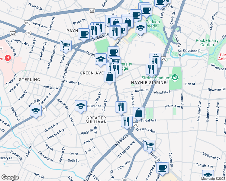 map of restaurants, bars, coffee shops, grocery stores, and more near 14 Dunbar Street in Greenville