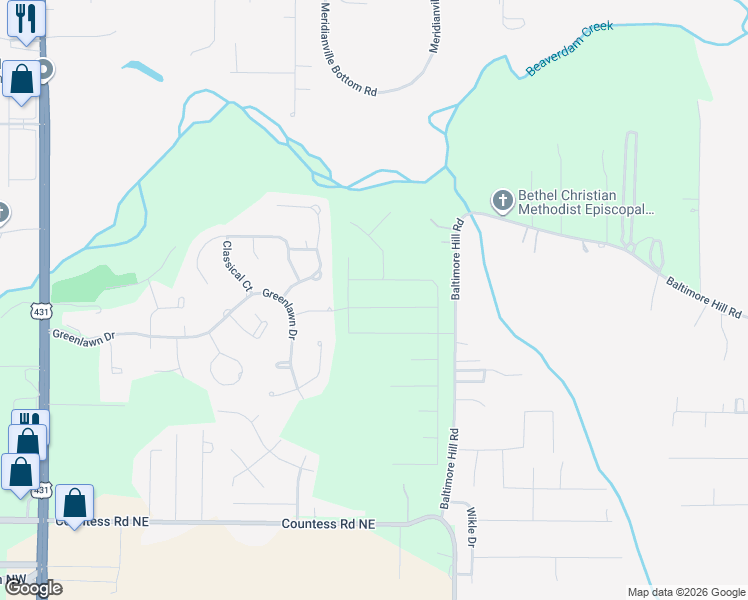 map of restaurants, bars, coffee shops, grocery stores, and more near 109 Villa Drive in Meridianville