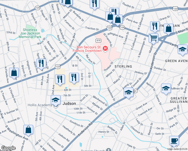 map of restaurants, bars, coffee shops, grocery stores, and more near 16 E Street in Greenville