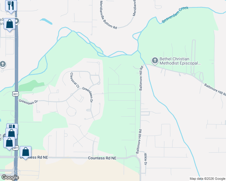 map of restaurants, bars, coffee shops, grocery stores, and more near 109 Villa Drive in Meridianville