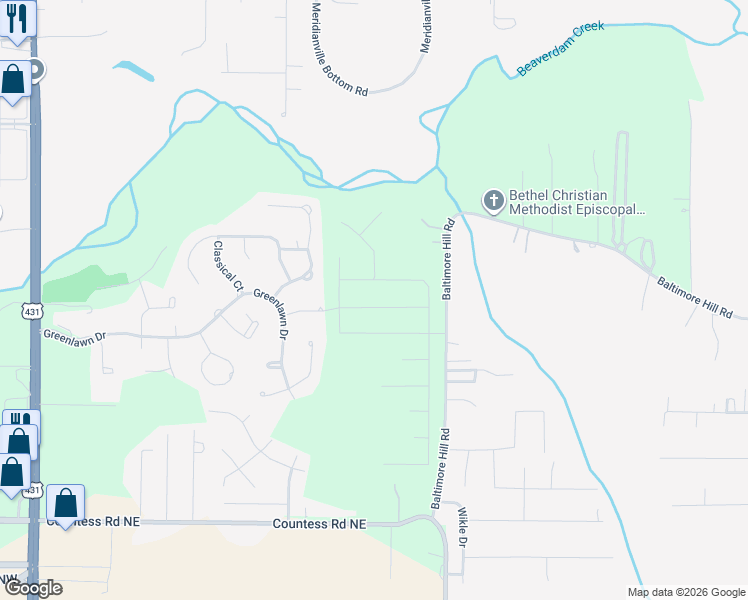 map of restaurants, bars, coffee shops, grocery stores, and more near 109 Villa Drive in Meridianville