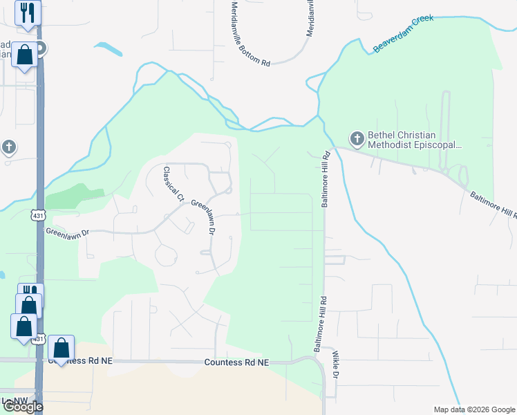 map of restaurants, bars, coffee shops, grocery stores, and more near 109 Villa Drive in Meridianville