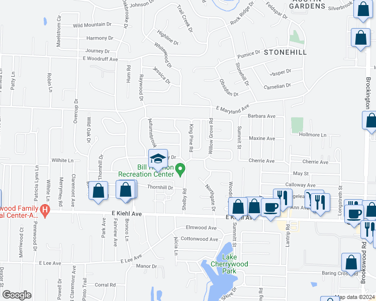 map of restaurants, bars, coffee shops, grocery stores, and more near 105 King Pine Road in Sherwood