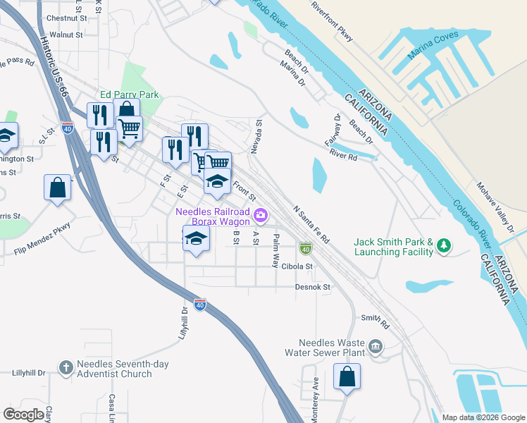 map of restaurants, bars, coffee shops, grocery stores, and more near 15 Front Street in Needles