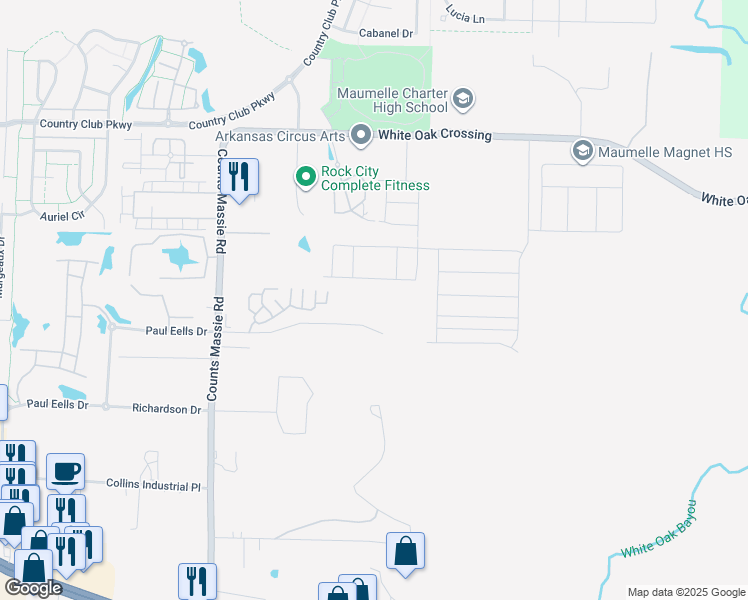 map of restaurants, bars, coffee shops, grocery stores, and more near 10605 Paul Eells Drive in North Little Rock