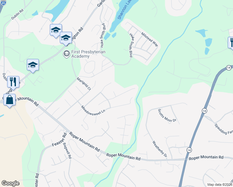 map of restaurants, bars, coffee shops, grocery stores, and more near 2 Thistle Court in Greenville
