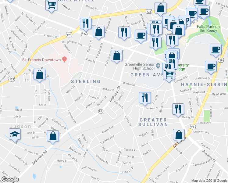 map of restaurants, bars, coffee shops, grocery stores, and more near 506 Anderson Street in Greenville