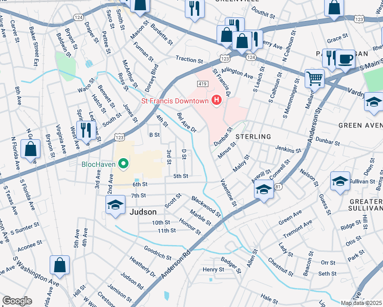 map of restaurants, bars, coffee shops, grocery stores, and more near 98 S-23-830 in Greenville