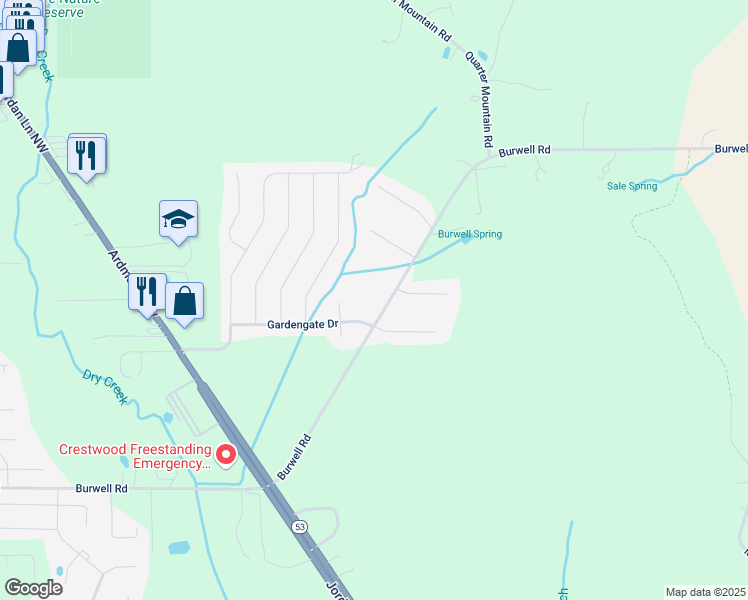 map of restaurants, bars, coffee shops, grocery stores, and more near 1059 Burwell Road in Harvest