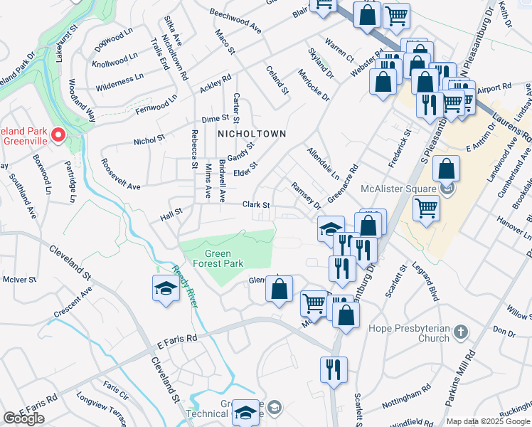 map of restaurants, bars, coffee shops, grocery stores, and more near 200 Clark Street in Greenville