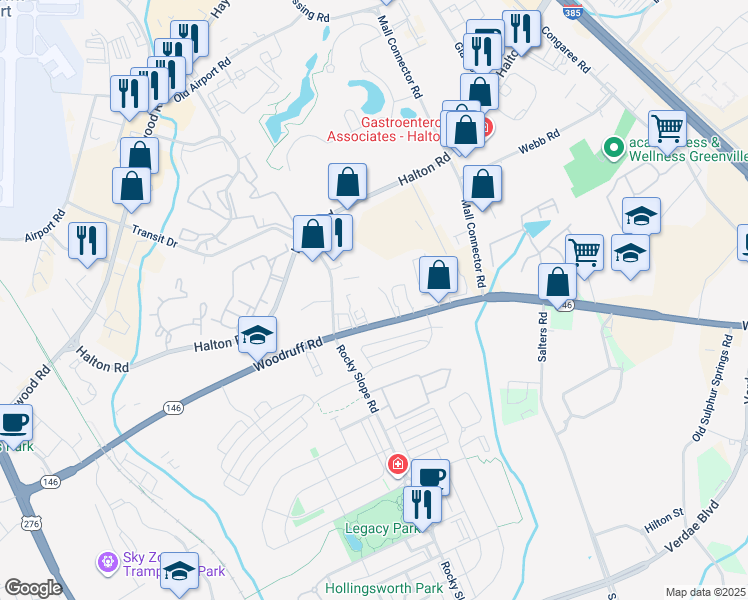 map of restaurants, bars, coffee shops, grocery stores, and more near 533 Woodruff Road in Greenville