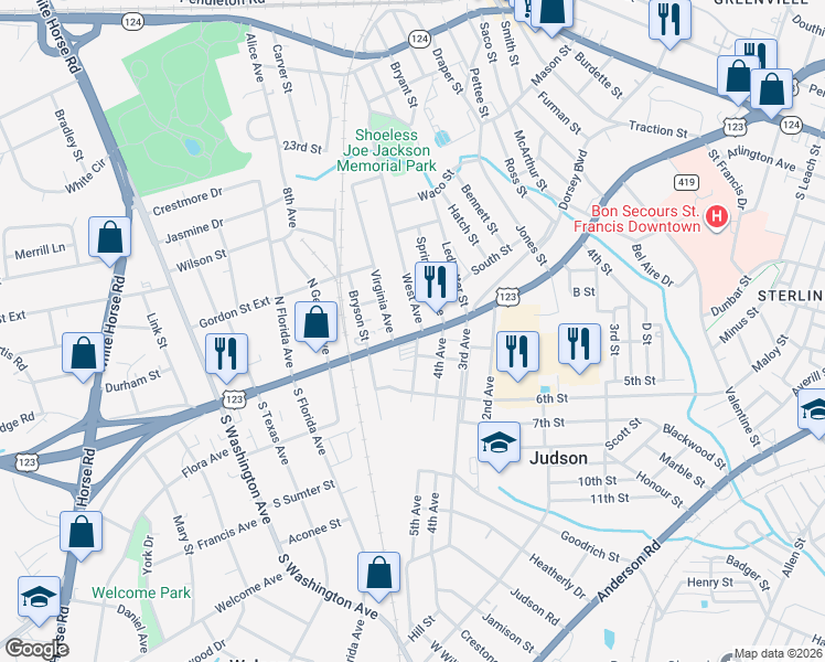 map of restaurants, bars, coffee shops, grocery stores, and more near 4 Virginia Avenue in Greenville