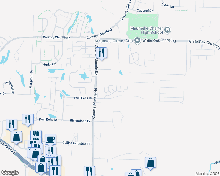 map of restaurants, bars, coffee shops, grocery stores, and more near 10739 Paul Eells Drive in North Little Rock