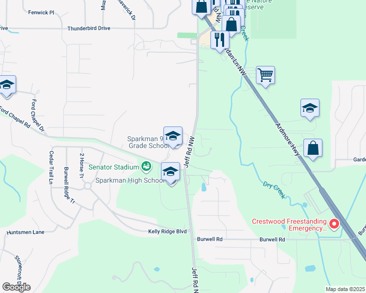map of restaurants, bars, coffee shops, grocery stores, and more near 2680 Jeff Road Northwest in Harvest