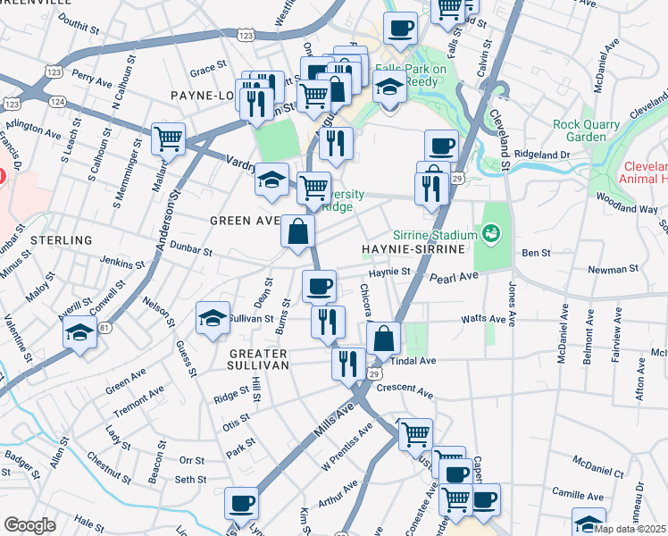 map of restaurants, bars, coffee shops, grocery stores, and more near 7 Seawright Lane in Greenville