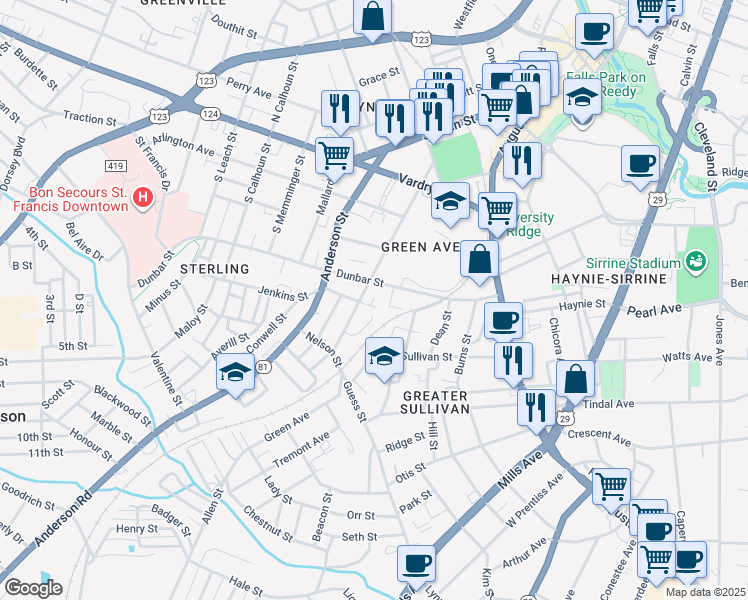 map of restaurants, bars, coffee shops, grocery stores, and more near 16 Jenkins Street in Greenville